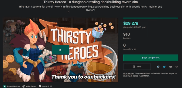 Screenshot of Kickstarter page for Thirsty Heroes campaign,s howing campaign complete with funds raised.